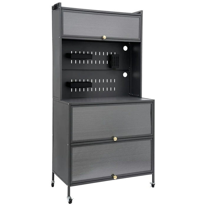 100×42×160cm 5-Tier Carbon Steel Kitchen Storage Cabinet with Doors and Wheels Dish Storage Organizer for Microwave Oven - Black - 1