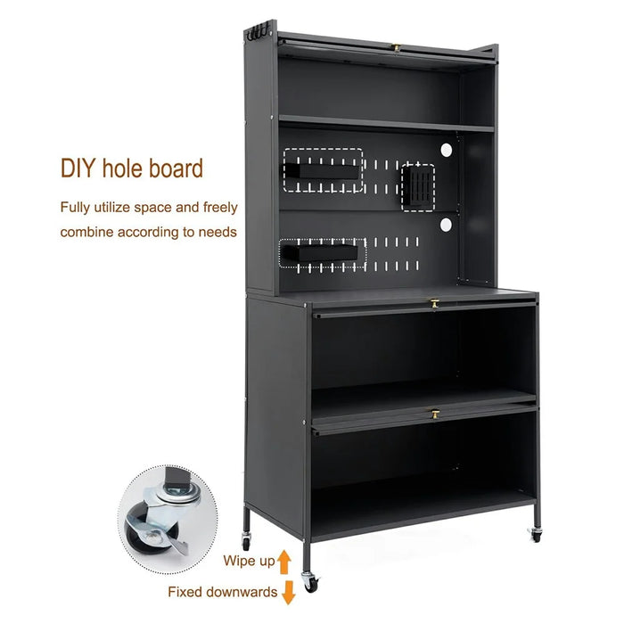 100×42×160cm 5-Tier Carbon Steel Kitchen Storage Cabinet with Doors and Wheels Dish Storage Organizer for Microwave Oven - Black - 2