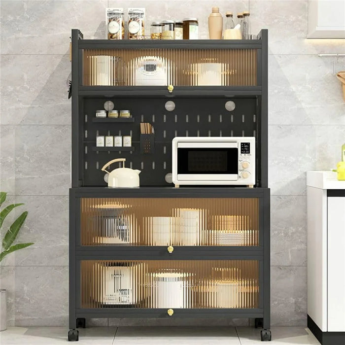 100×42×160cm 5-Tier Carbon Steel Kitchen Storage Cabinet with Doors and Wheels Dish Storage Organizer for Microwave Oven - Black - 4