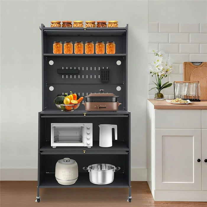 100×42×160cm 5-Tier Carbon Steel Kitchen Storage Cabinet with Doors and Wheels Dish Storage Organizer for Microwave Oven - Black - 5