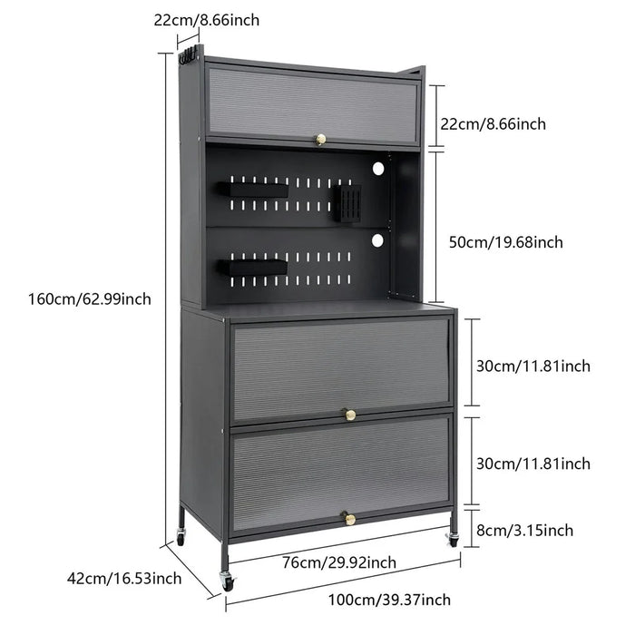 100×42×160cm 5-Tier Carbon Steel Kitchen Storage Cabinet with Doors and Wheels Dish Storage Organizer for Microwave Oven - Black - 7