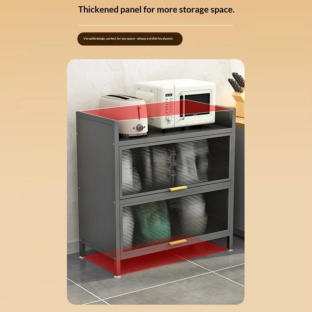 3 Tier 100cm Length Kitchen Storage Cabinet with Doors Multi-Layer Floor Standing Dust-Proof Shelving Unit - Grey - 4