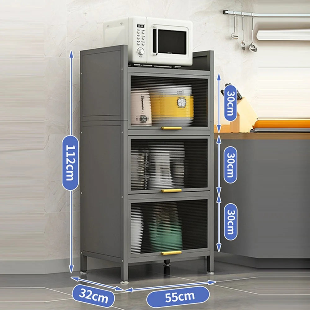 4 Tier 55cm Length Kitchen Storage Cabinet with Doors Multi-Layer Floor Standing Dust-Proof Shelving Unit - Grey - 1