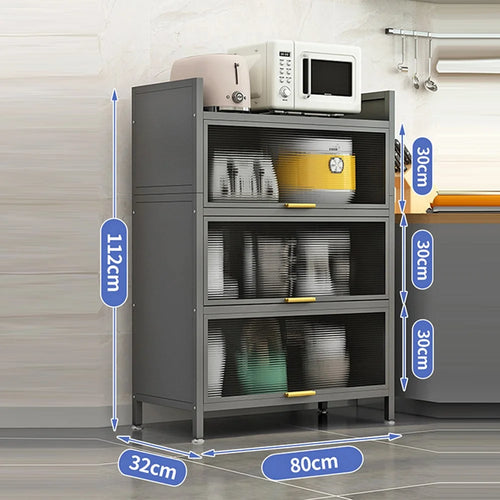 4 Tier 80cm Length Kitchen Storage Cabinet with Doors Multi-Layer Floor Standing Dust-Proof Shelving Unit - Grey - 1