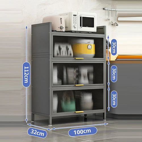4 Tier 100cm Length Kitchen Storage Cabinet with Doors Multi-Layer Floor Standing Dust-Proof Shelving Unit - Grey - 1