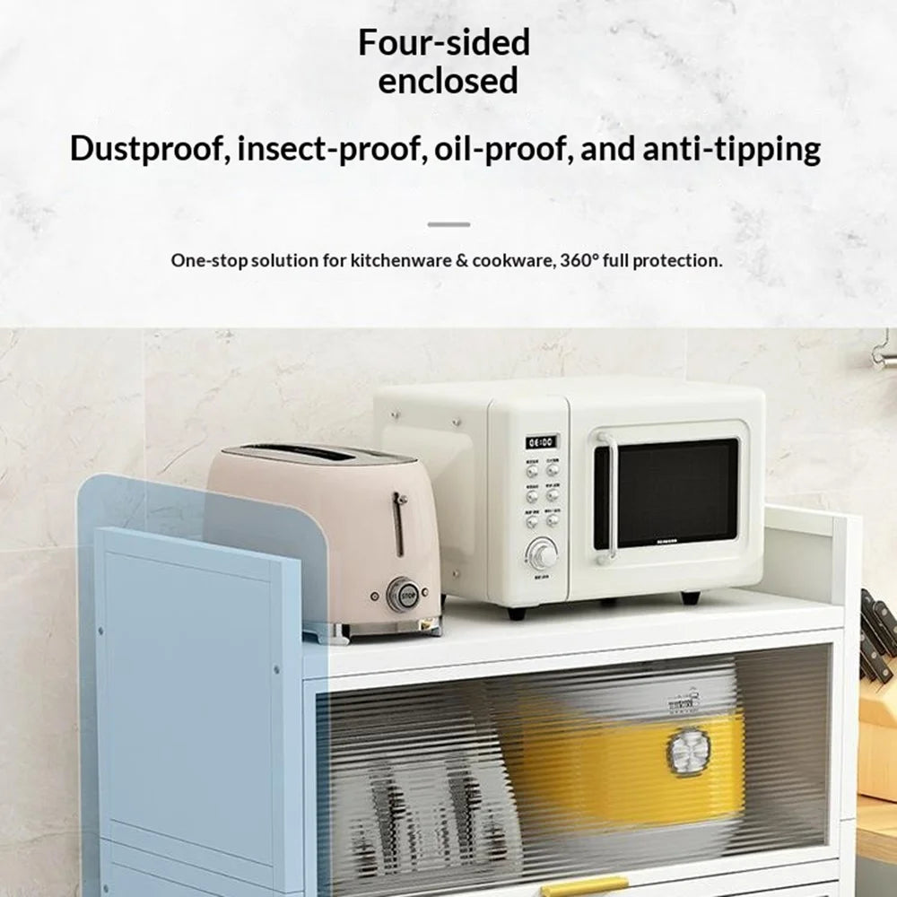 4 Tier 100cm Length Kitchen Storage Cabinet with Doors Multi-Layer Floor Standing Dust-Proof Shelving Unit - Grey - 4
