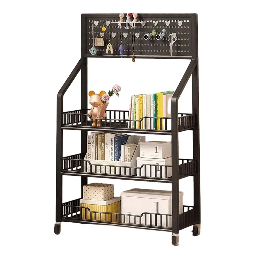 50cm 3-Tier Pegboard Bookcase Mobile Freestanding Storage Rack with 360° Caster Wheel for Living Room Snack - Black - 1