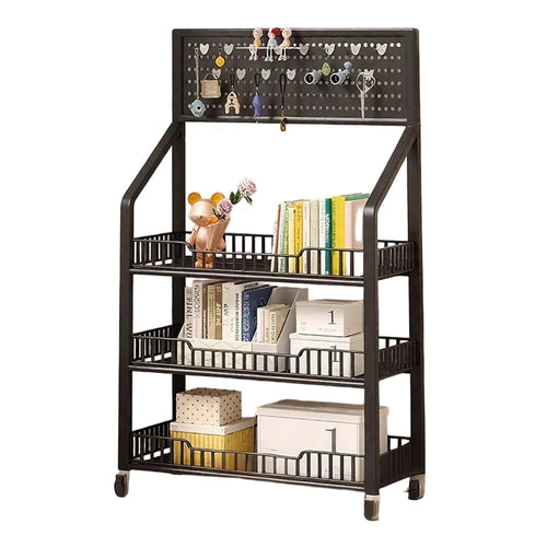 50cm 3-Tier Pegboard Bookcase Mobile Freestanding Storage Rack with 360° Caster Wheel for Living Room Snack - Black - 1