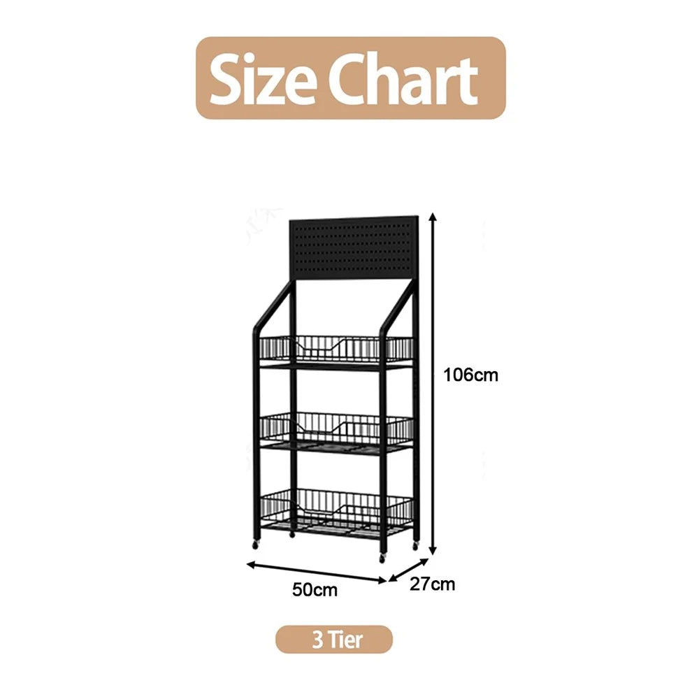 50cm 3-Tier Pegboard Bookcase Mobile Freestanding Storage Rack with 360° Caster Wheel for Living Room Snack - Black - 5