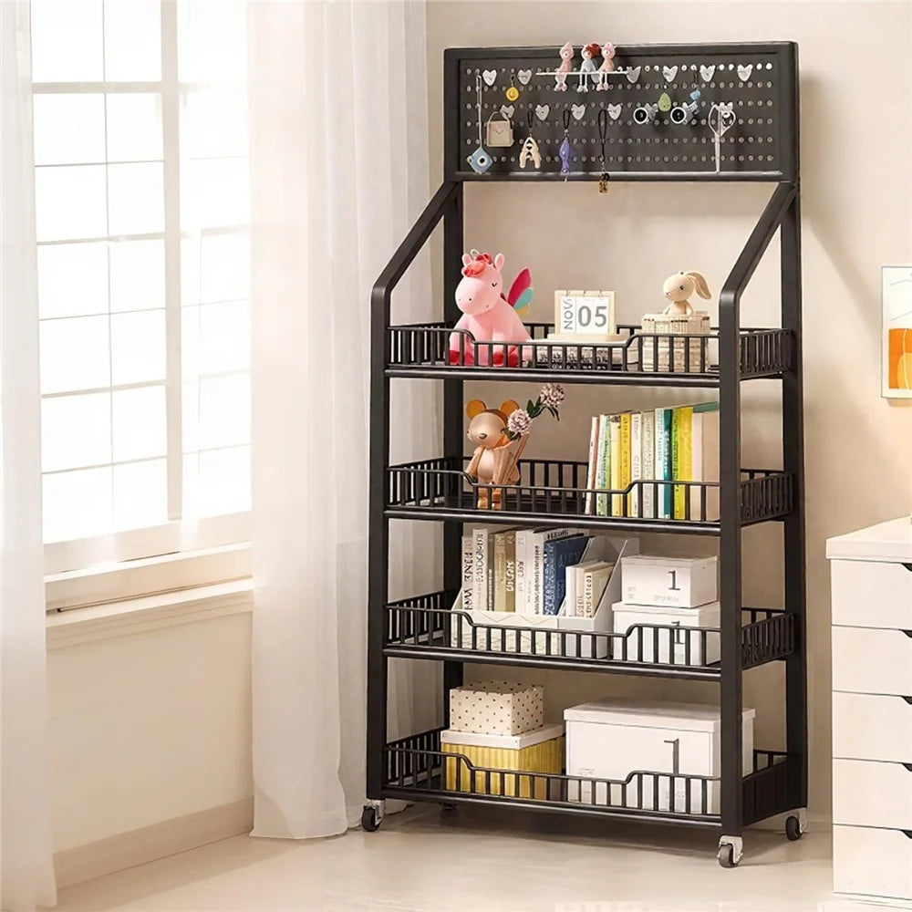 50cm 4-Tier Pegboard Bookcase Mobile Freestanding Storage Rack with 360° Caster Wheel for Living Room Snack - Black - 1