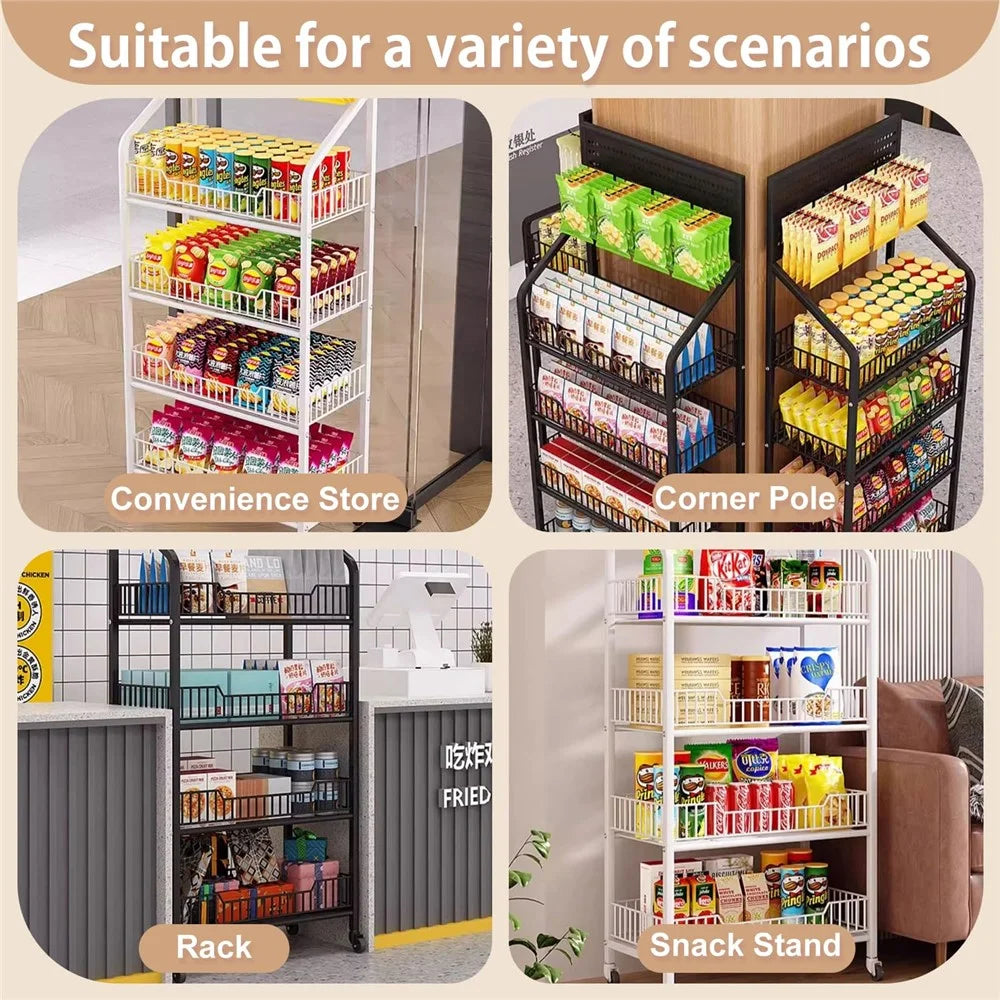 50cm 4-Tier Pegboard Bookcase Mobile Freestanding Storage Rack with 360° Caster Wheel for Living Room Snack - Black - 3