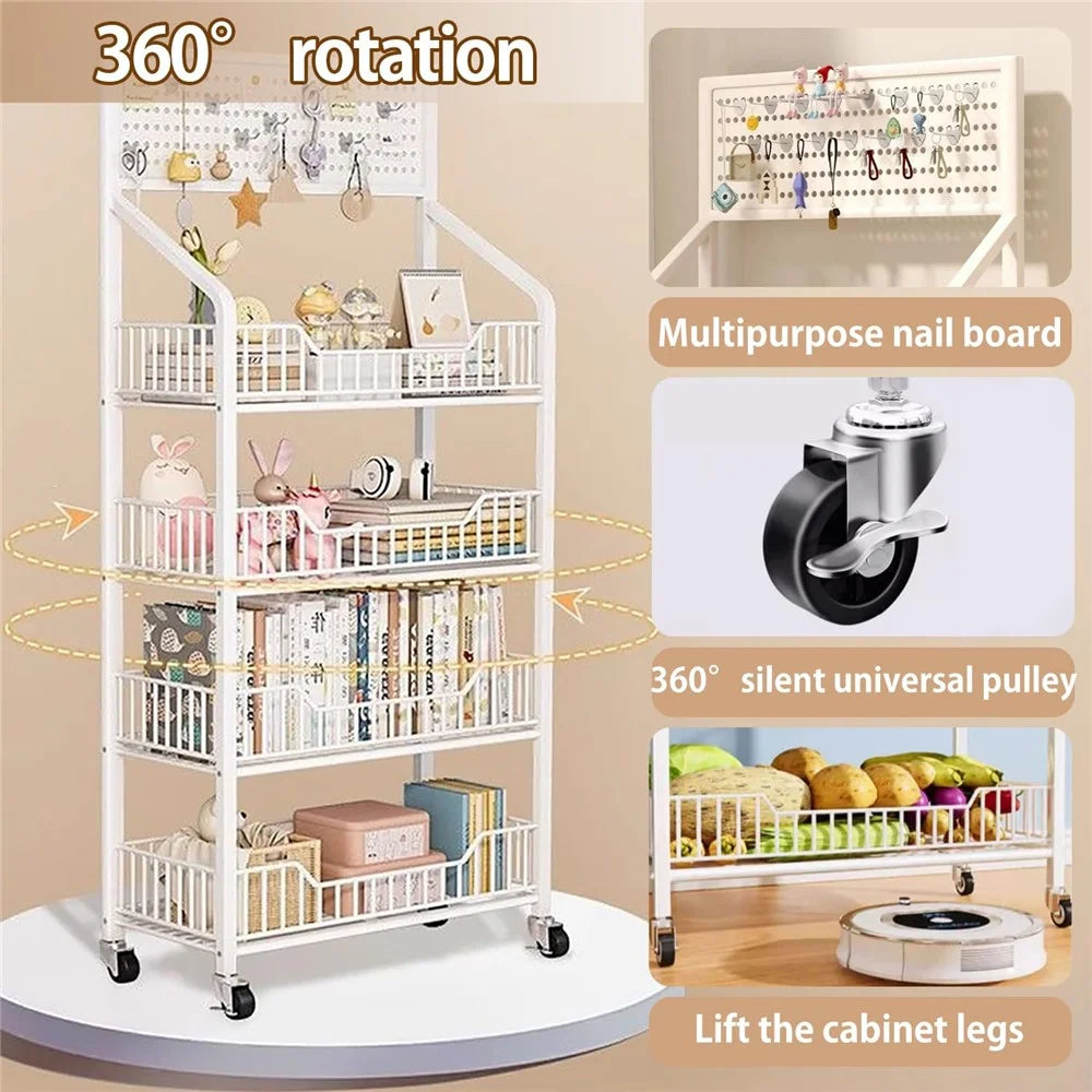 50cm 4-Tier Pegboard Bookcase Mobile Freestanding Storage Rack with 360° Caster Wheel for Living Room Snack - Black - 5