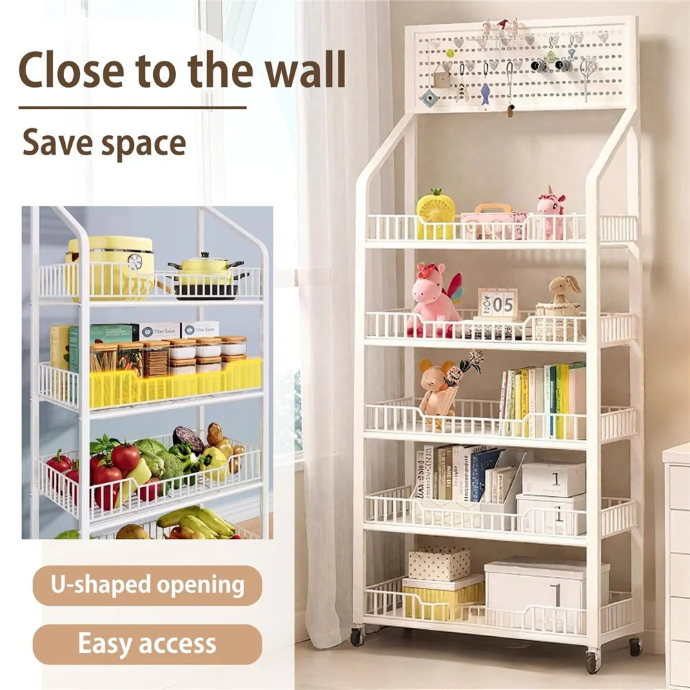 50cm 4-Tier Pegboard Bookcase Mobile Freestanding Storage Rack with 360° Caster Wheel for Living Room Snack - Black - 7