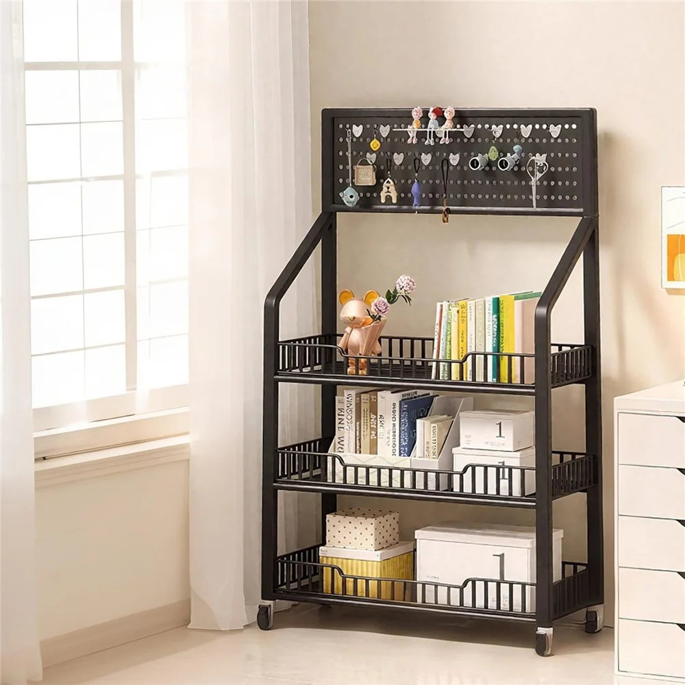 60cm 3-Tier Pegboard Bookcase Mobile Freestanding Storage Rack with 360° Caster Wheel for Living Room Snack - Black - 1