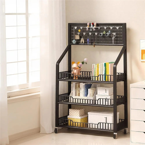 60cm 3-Tier Pegboard Bookcase Mobile Freestanding Storage Rack with 360° Caster Wheel for Living Room Snack - Black - 1