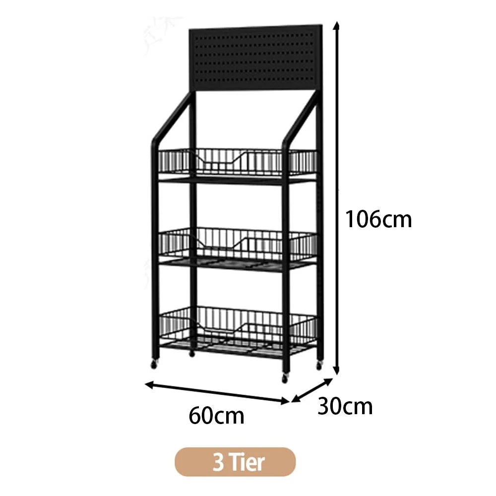 60cm 3-Tier Pegboard Bookcase Mobile Freestanding Storage Rack with 360° Caster Wheel for Living Room Snack - Black - 4