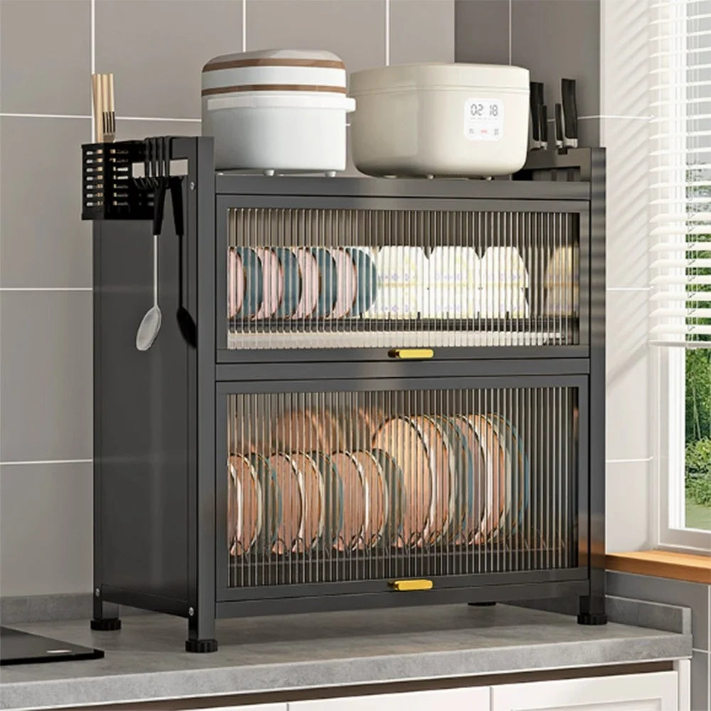 45cm Double-Tier Kitchen Dish Rack Flip-Top Dustproof Bowl Storage Cabinet with Pull-Out Drain Pan - Black - 1
