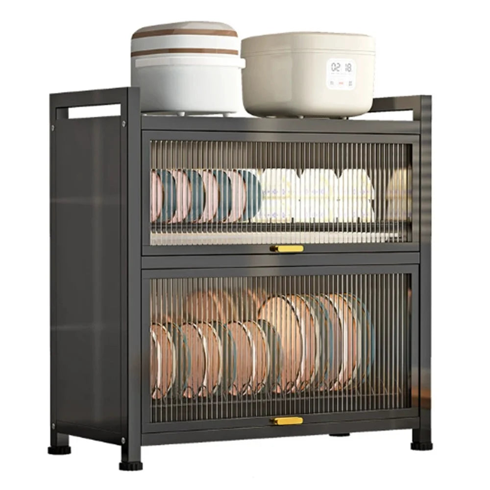 45cm Double-Tier Kitchen Dish Rack Flip-Top Dustproof Bowl Storage Cabinet with Pull-Out Drain Pan - Black - 2