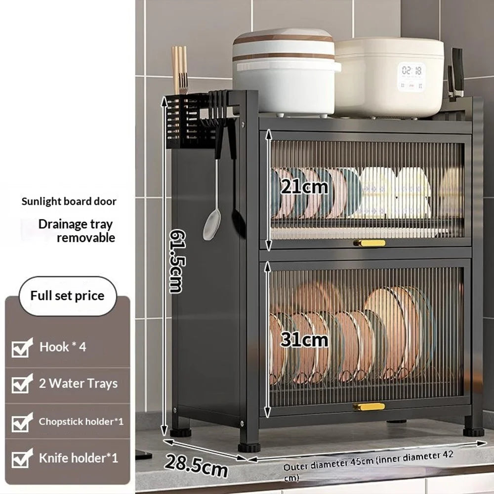 45cm Double-Tier Kitchen Dish Rack Flip-Top Dustproof Bowl Storage Cabinet with Pull-Out Drain Pan - Black - 3