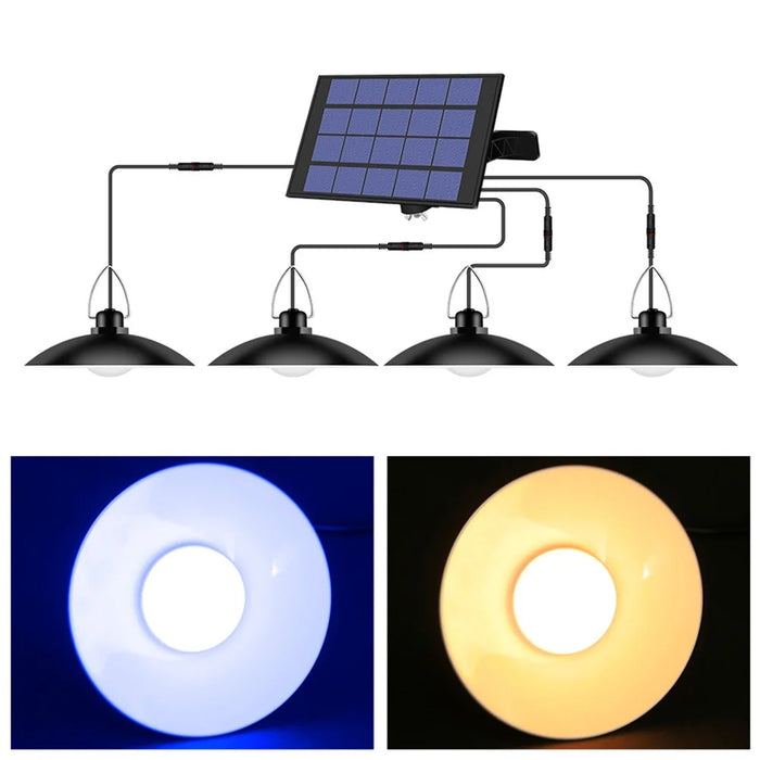 Outdoor Waterproof Solar Powered Ceiling Porch Hanging 4-Head Light Bulb with Extension Cord - Cool White - 7
