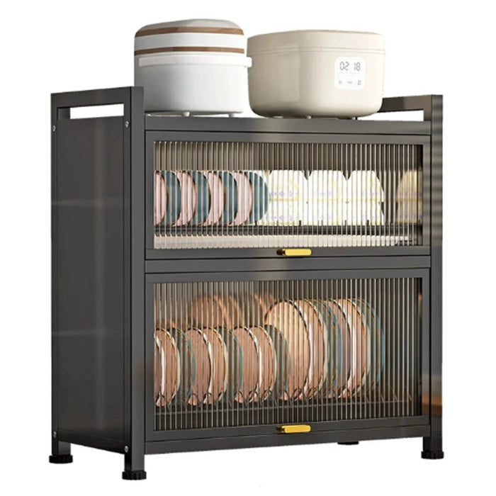 57cm Double-Tier Kitchen Dish Rack Flip-Top Dustproof Bowl Storage Cabinet with Pull-Out Drain Pan - Black - 2