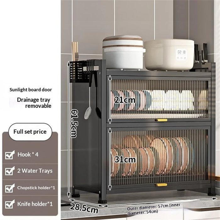57cm Double-Tier Kitchen Dish Rack Flip-Top Dustproof Bowl Storage Cabinet with Pull-Out Drain Pan - Black - 3