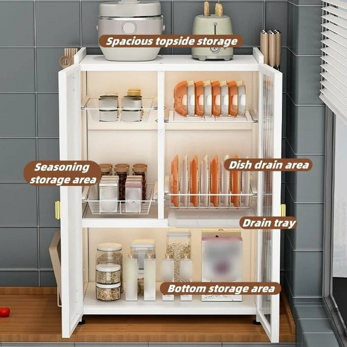 3 Tier Kitchen Shelf Dish Rack Organizer Pull-Out Cabinet Storage Drainer with Door for Countertop - Black - 3