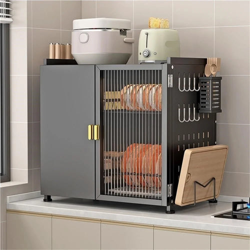 2 Tier Kitchen Organizer Dish Drying Rack Countertop Storage Shelf with Door  /  Drainboard for Home - Black - 1