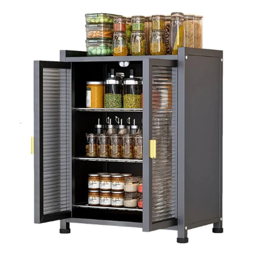 Kitchen Storage Cabinet 3 Tier 57cm Countertop Dish Drainer Bowl Organizer Spice Rack with Doors - Black - 1