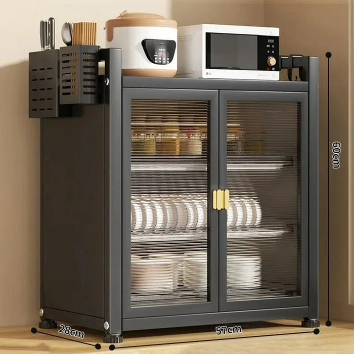 Kitchen Storage Cabinet 3 Tier 57cm Countertop Dish Drainer Bowl Organizer Spice Rack with Doors - Black - 3