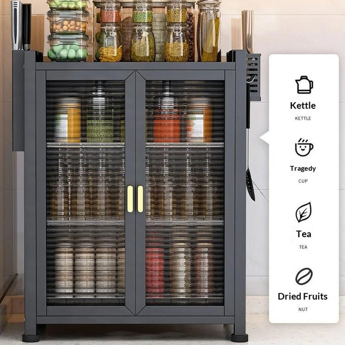 Kitchen Storage Cabinet 3 Tier 57cm Countertop Dish Drainer Bowl Organizer Spice Rack with Doors - Black - 4