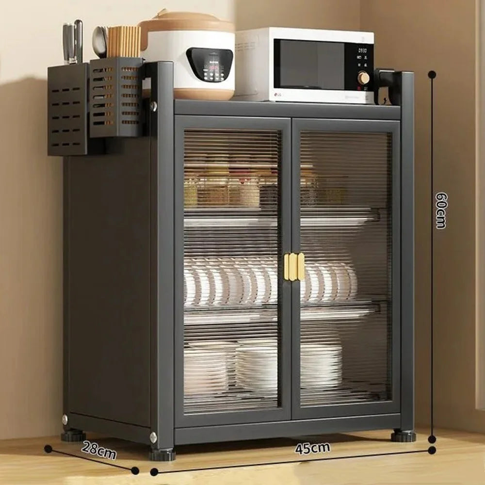 Kitchen Dish Rack Cabinet with Doors 3 Tier 45cm Countertop Organizer Drainer Storage Shelf for Plates / Bowls / Spices - Black - 1