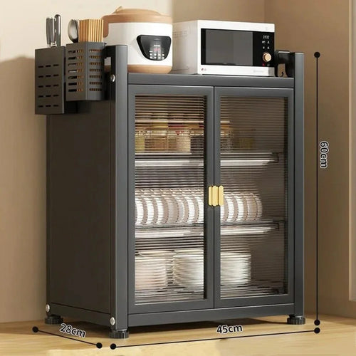 Kitchen Dish Rack Cabinet with Doors 3 Tier 45cm Countertop Organizer Drainer Storage Shelf for Plates / Bowls / Spices - Black - 1