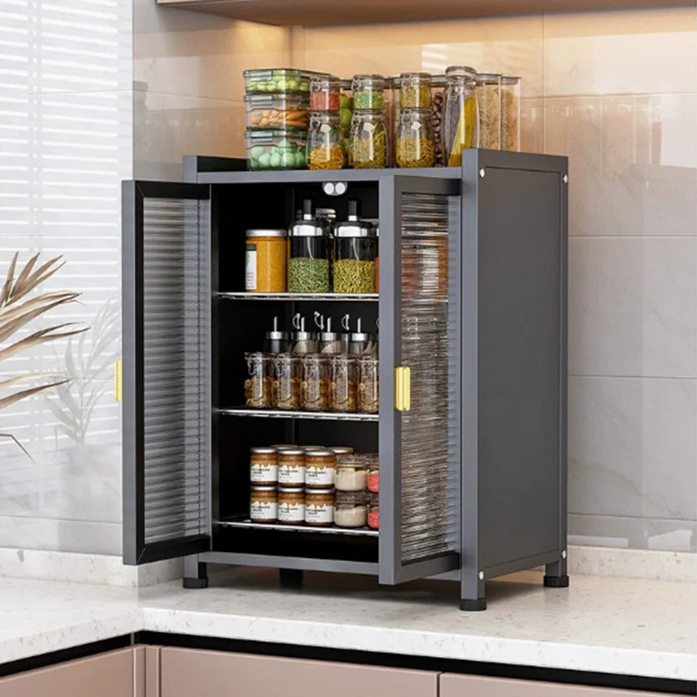 Kitchen Dish Rack Cabinet with Doors 3 Tier 45cm Countertop Organizer Drainer Storage Shelf for Plates / Bowls / Spices - Black - 2