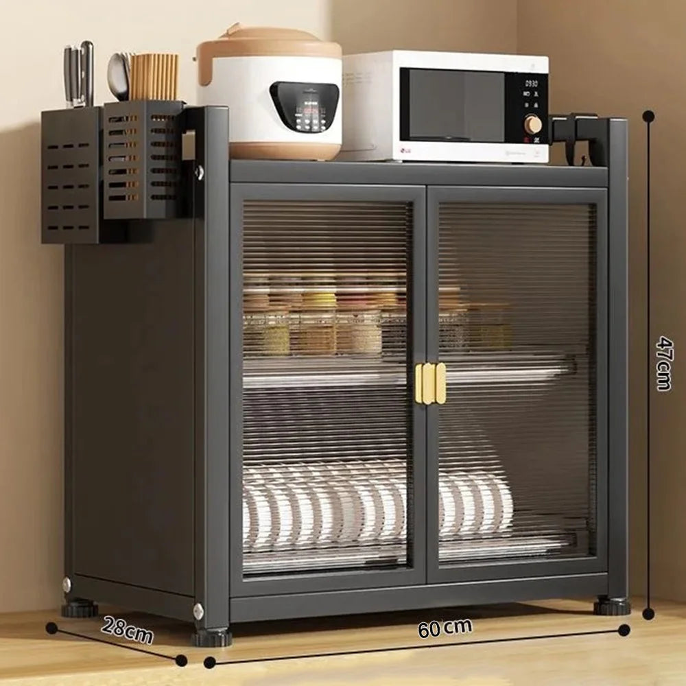 Kitchen Countertop Shelf 2 Tier 60cm Storage Cabinet with Doors Draining Dustproof Organizer for Bowls / Plates / Spices - Black - 1