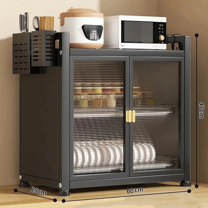Kitchen Countertop Shelf 2 Tier 60cm Storage Cabinet with Doors Draining Dustproof Organizer for Bowls / Plates / Spices - Black - 1