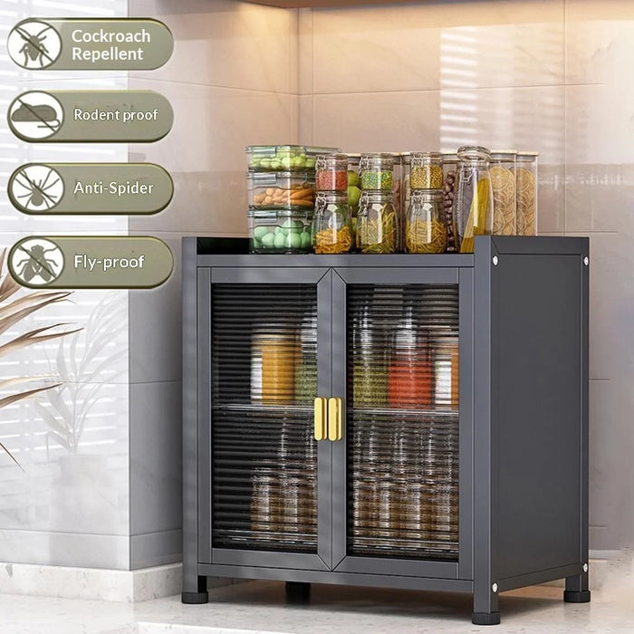 Kitchen Countertop Shelf 2 Tier 60cm Storage Cabinet with Doors Draining Dustproof Organizer for Bowls / Plates / Spices - Black - 2