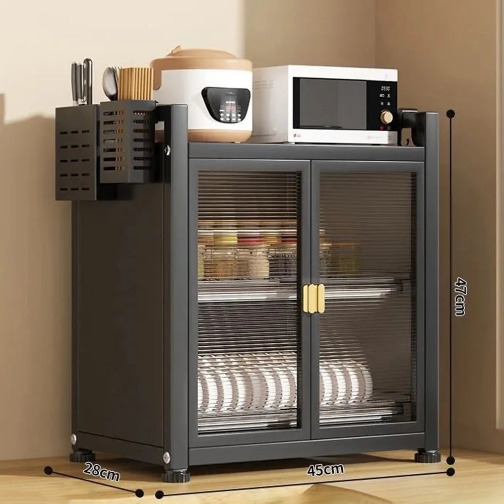 45cm 2-Tier Kitchen Cabinet with Door Dustproof Countertop Dish Drain Rack Storage Cabinet - Black - 1