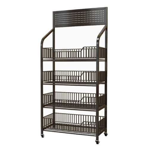 60cm 4-Tier Pegboard Bookcase Mobile Freestanding Storage Rack with 360° Caster Wheel for Living Room Snack - Black - 1