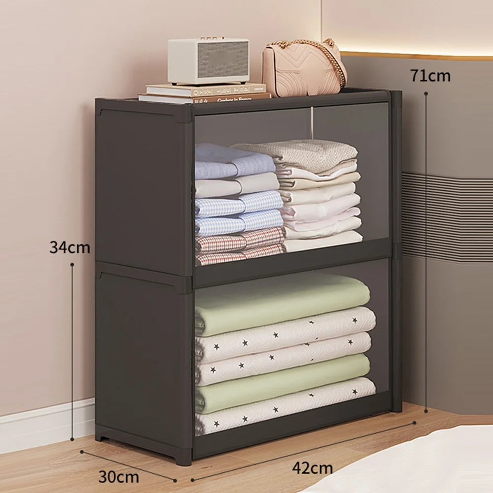 2-Tier 42cm Length Clothes Container Holder Dust-Proof Assembly Clothes Storage Cabinet with Clear Flip-Top Door for Bedroom - Black - 1