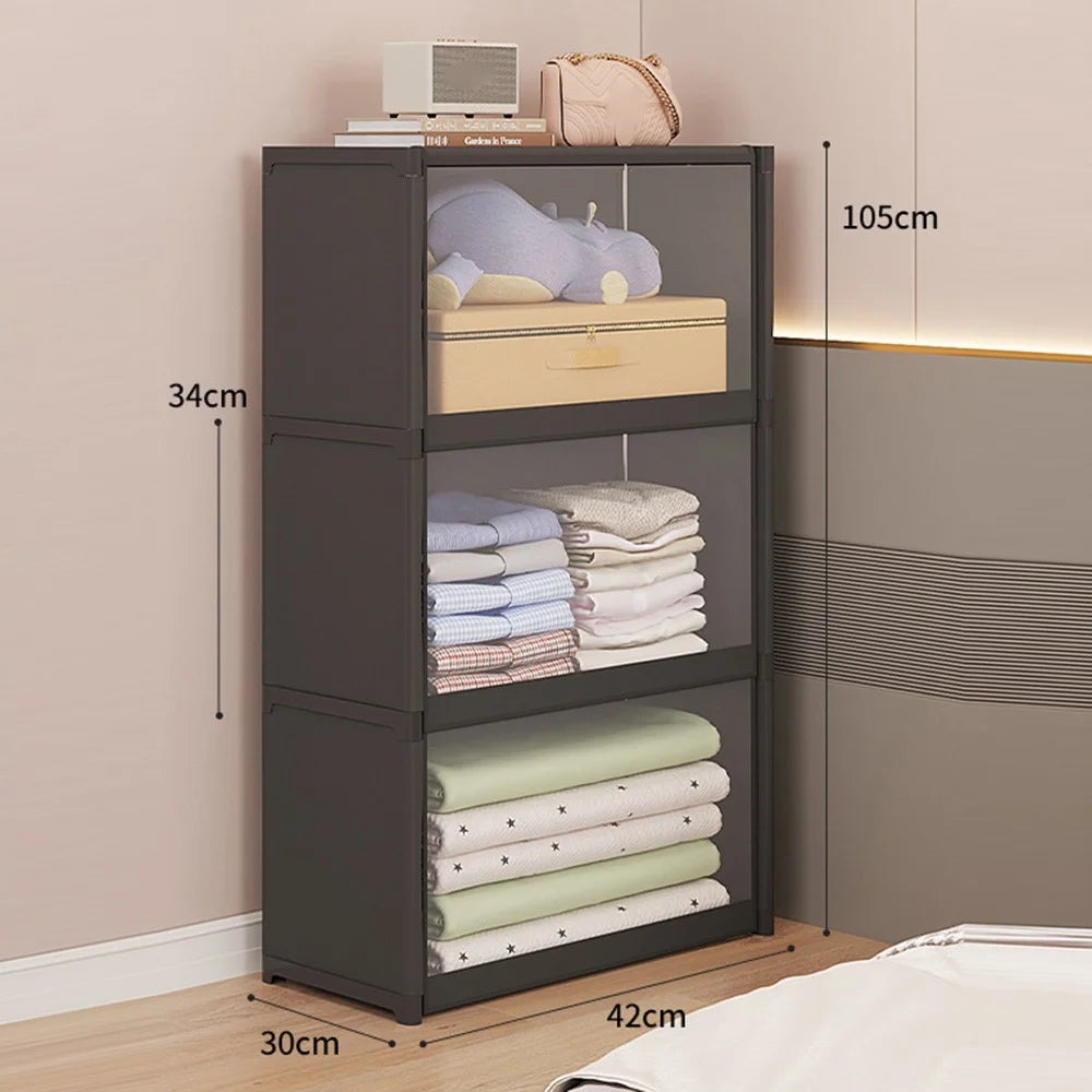 3-Tier 42cm Length Clothes Container Holder Dust-Proof Assembly Clothes Storage Cabinet with Clear Flip-Top Door for Bedroom - Black - 1