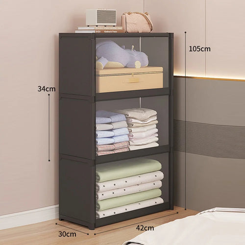 3-Tier 42cm Length Clothes Container Holder Dust-Proof Assembly Clothes Storage Cabinet with Clear Flip-Top Door for Bedroom - Black - 1