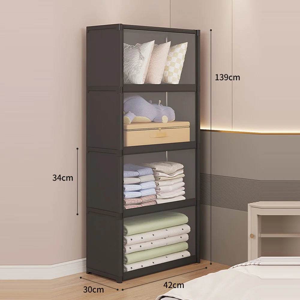 4-Tier 42cm Length Clothes Container Holder Dust-Proof Assembly Clothes Storage Cabinet with Clear Flip-Top Door for Bedroom - Black - 1