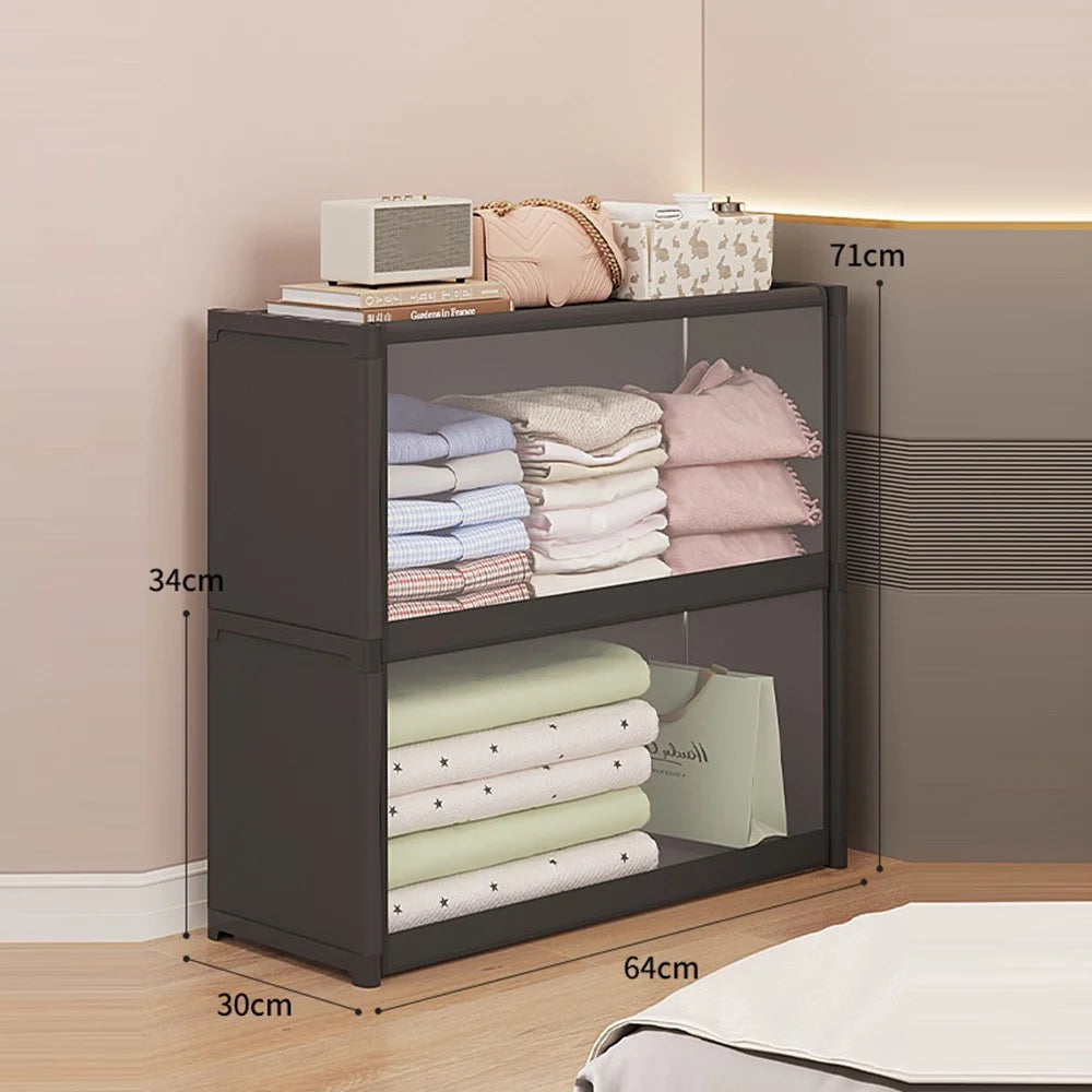 2-Tier 64cm Clothes Container Holder Dust-Proof Assembly Clothes Storage Cabinet with Clear Flip-Top Door for Bedroom - Black - 1