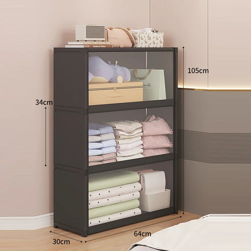 3-Tier 64cm Clothes Container Holder Dust-Proof Assembly Clothes Storage Cabinet with Clear Flip-Top Door for Bedroom - Black - 1