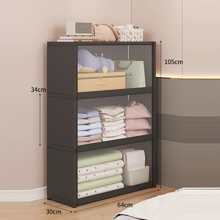 3-Tier 64cm Clothes Container Holder Dust-Proof Assembly Clothes Storage Cabinet with Clear Flip-Top Door for Bedroom - Black - 1
