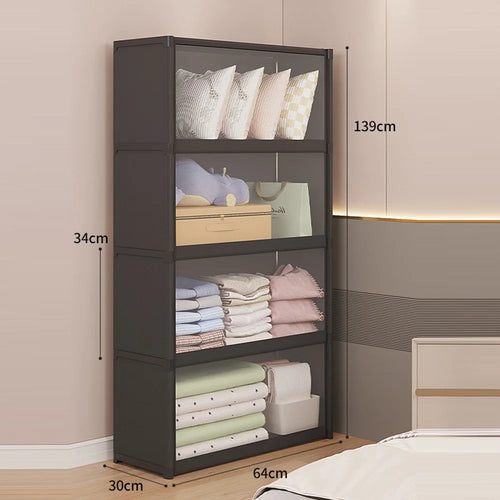 4-Tier 64cm Clothes Container Holder Dust-Proof Assembly Clothes Storage Cabinet with Clear Flip-Top Door for Bedroom - Black - 1