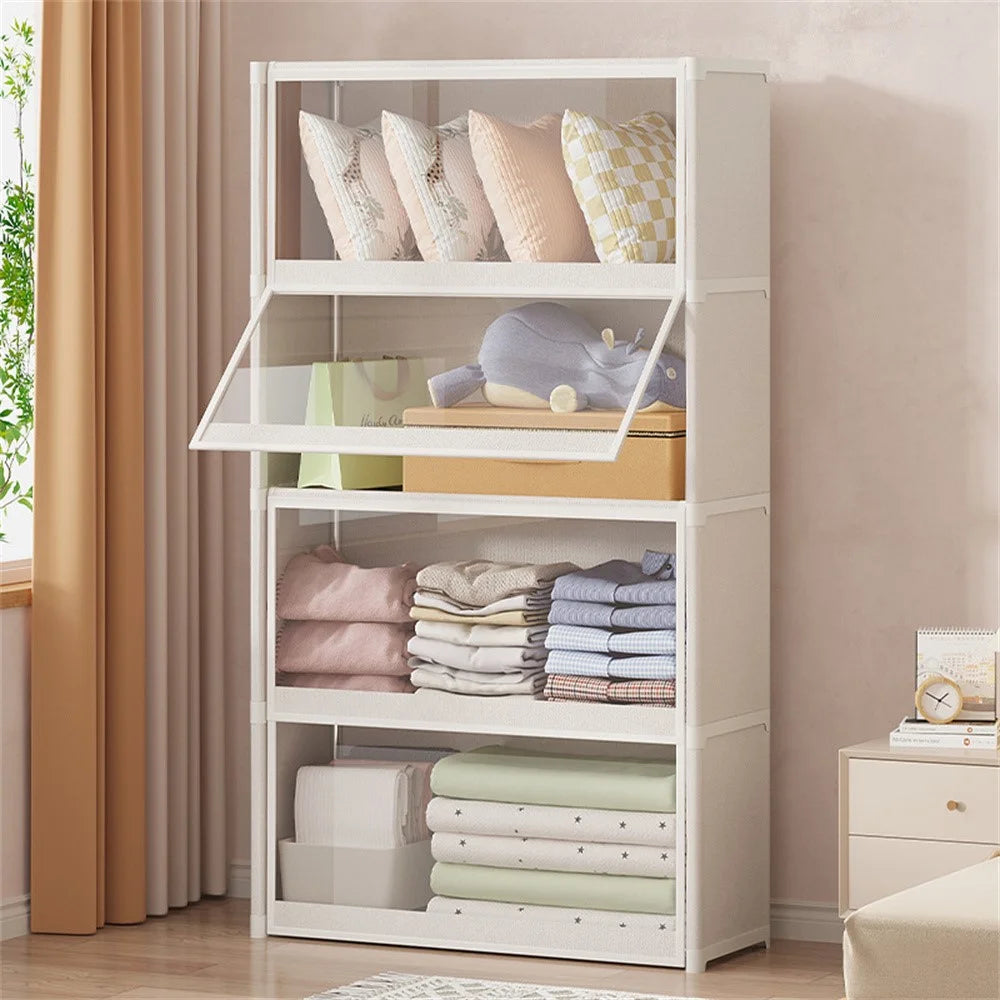 4-Tier 64cm Clothes Container Holder Dust-Proof Assembly Clothes Storage Cabinet with Clear Flip-Top Door for Bedroom - Black - 2