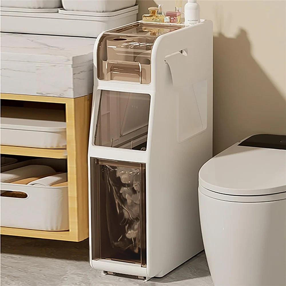 Slim Storage Cabinet 3 Tier Bathroom Organizer Toilet Paper Holder with Drawers and Trash Can for Narrow Spaces - 1