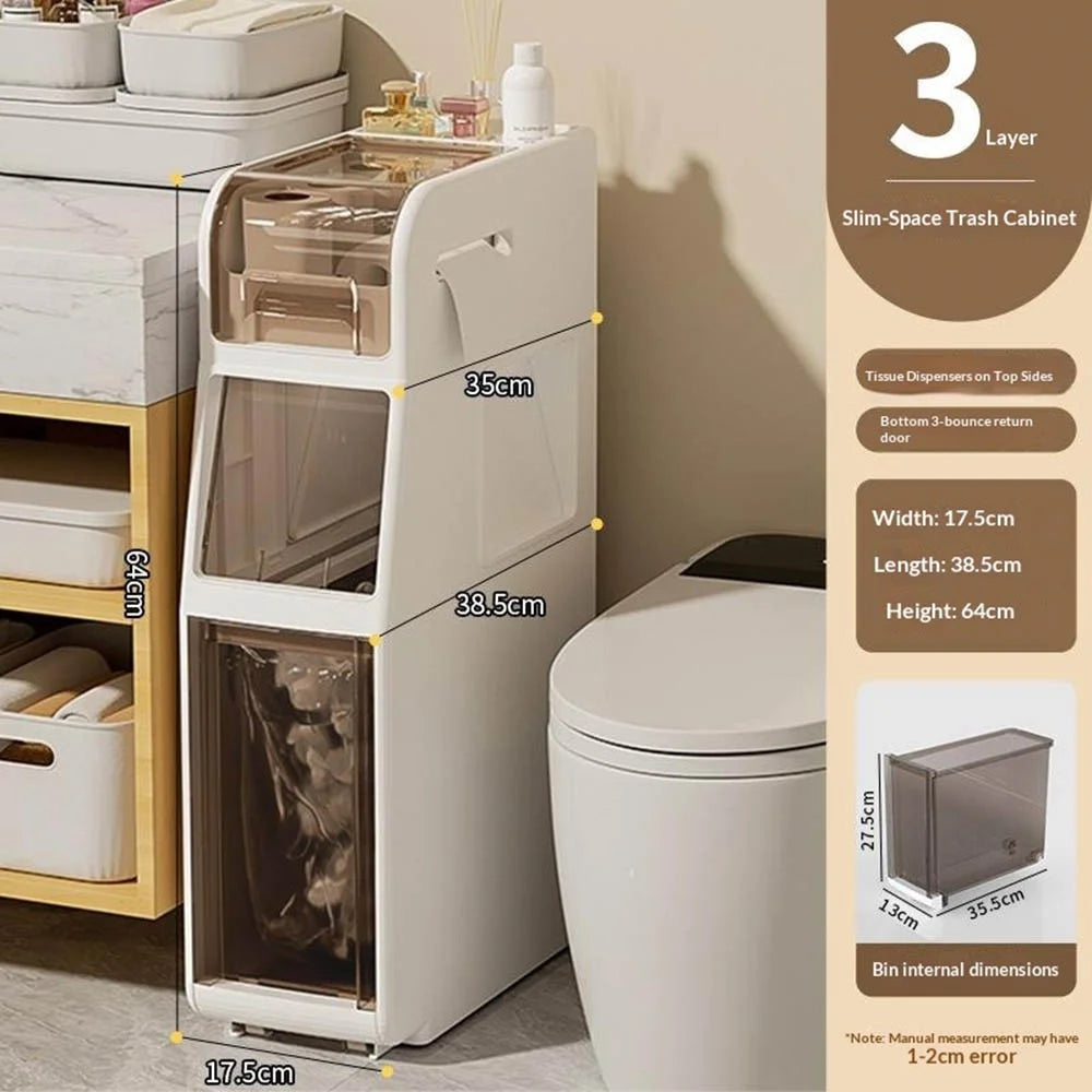 Slim Storage Cabinet 3 Tier Bathroom Organizer Toilet Paper Holder with Drawers and Trash Can for Narrow Spaces - 4